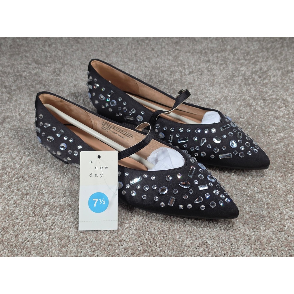 A New Day Gabriella Black Rhinestone Mary Jane Pointed Toe Flats Shoes 7.5 NEW